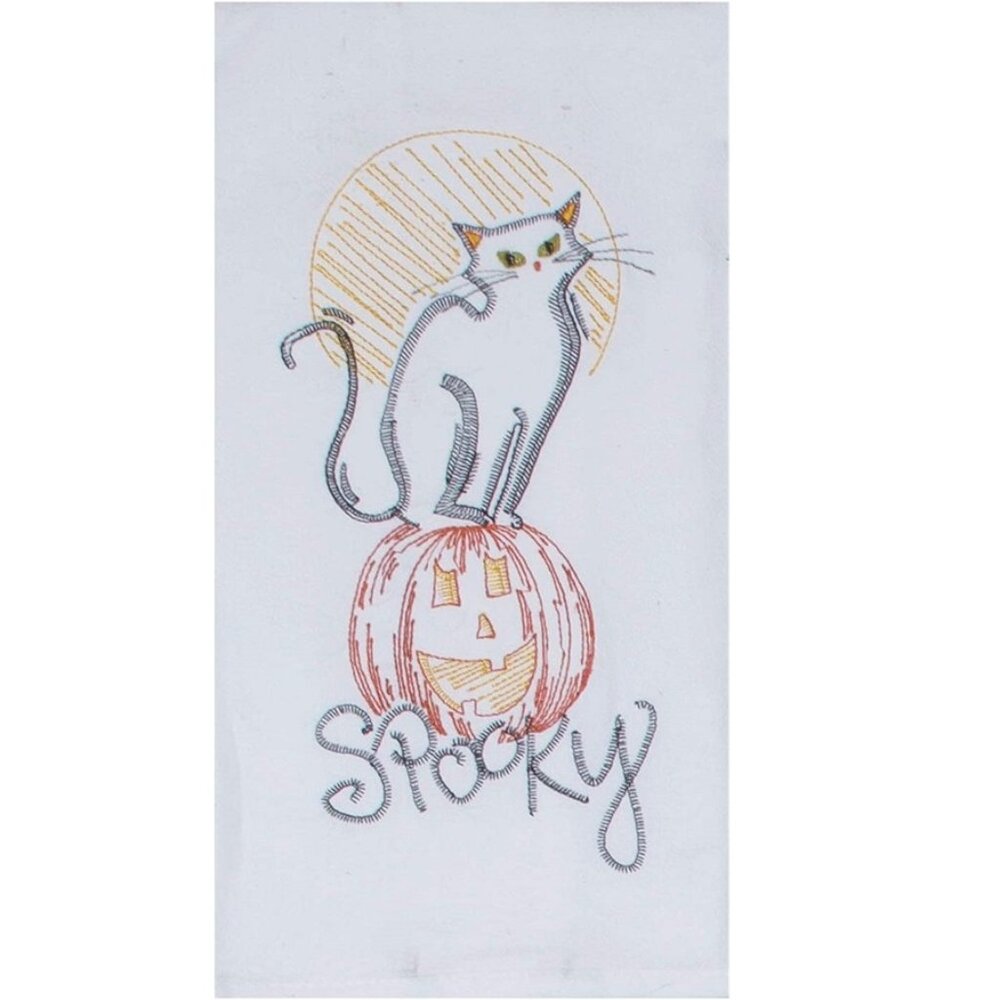 Spooky Kitty on Pumpkin Halloween Embroidered Flour Sack Kitchen Dish Towel